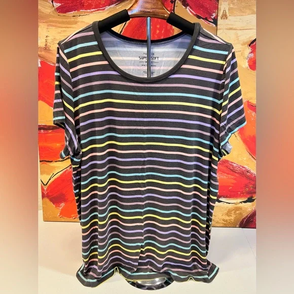 Torrid, Charcoal Tee with Pastel Multi-Striped Short Sleeves, Size 3 - Picture 1 of 3